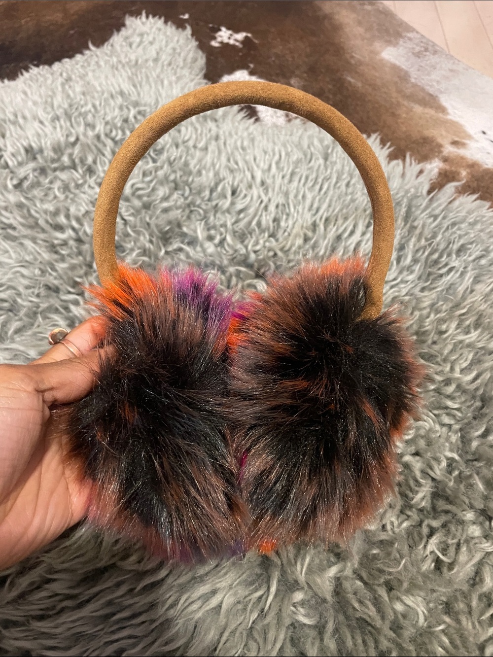 Multicolored Faux Fur Hood Trim Jacket and Ear Muffs - Picture 7 of 7
